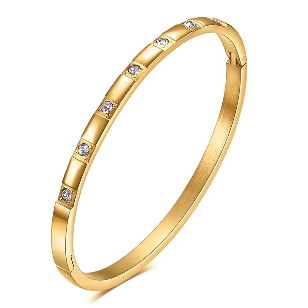 18K Gold PVD Stainless Steel CZ Hinged Bangle Bracelet Waterproof 7 Stones
